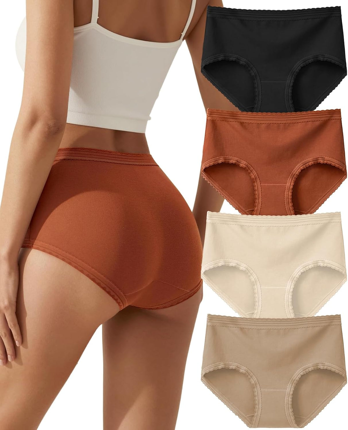 High Waisted Cotton Underwear for Women Ladies Lace Panties 4 Pack