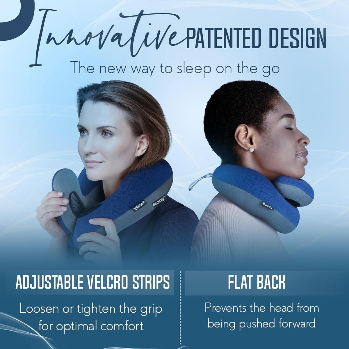Travel Neck Pillow for Airplane - Patented Head, Neck & Chin Support. Soft, Adjustable Pillow for Comfortable Resting on Long Flights, Car Rides & Recliners. Washable, Carry Bag, Large, Navy