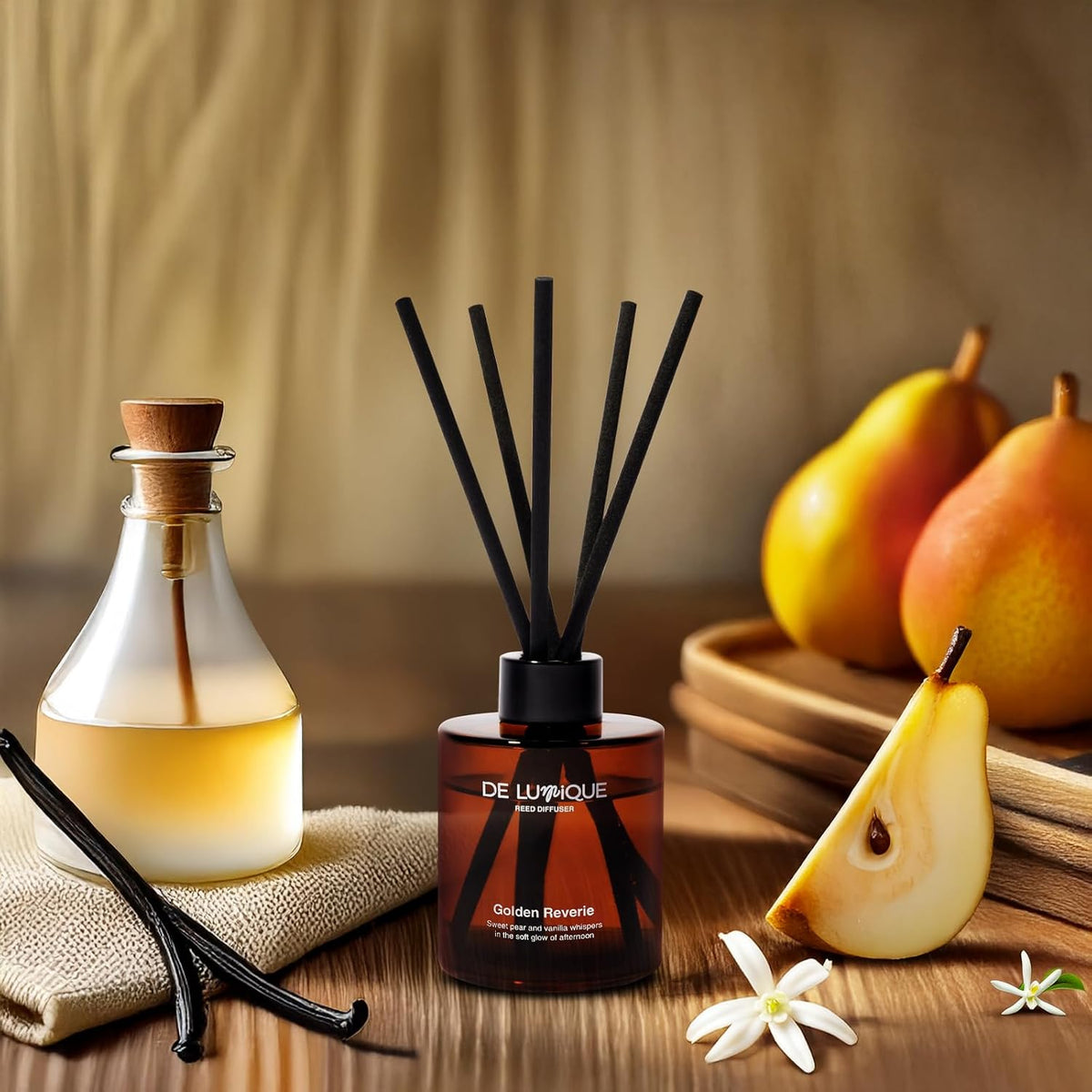 Golden Reverie Scent Aroma Diffuser for Home – Reed Diffuser with Essential Oils – Long Lasting Room Scent Diffuser, Vanilla Pear Scent – 150Ml