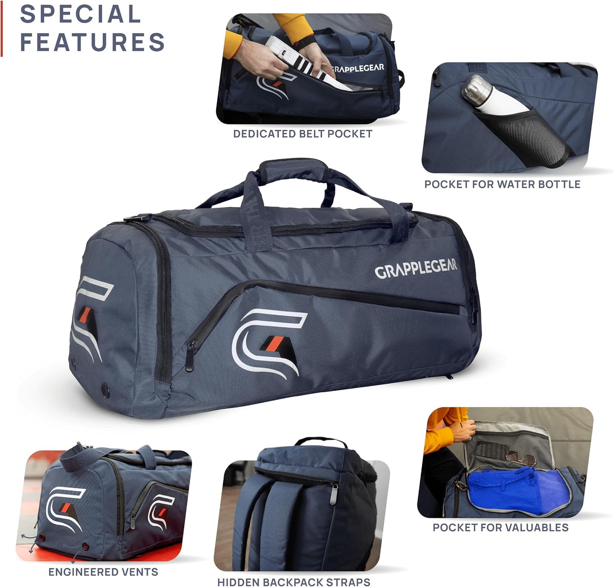 Heavy Duty BJJ Duffel Bag & Backpack in 1 - Large Pocket for Sweaty Gi, Rashguards, or Shoes - Perfect Gym Bag for Brazilian Jiu Jitsu, Martial Arts, Boxing, MMA, Kickboxing, Muay Thai.