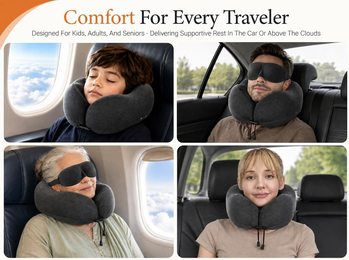 Airplane Travel Neck Pillow for Sleeping, 3D-Eye Mask & Earplugs Kit
