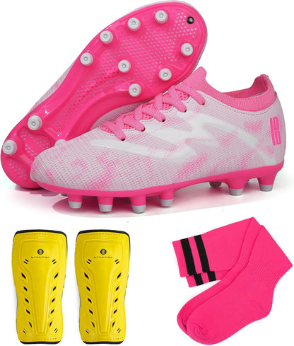 Kids Firm Ground Soccer Cleats Boys Girls Football Shoes with Shin Guards and Soccer Socks