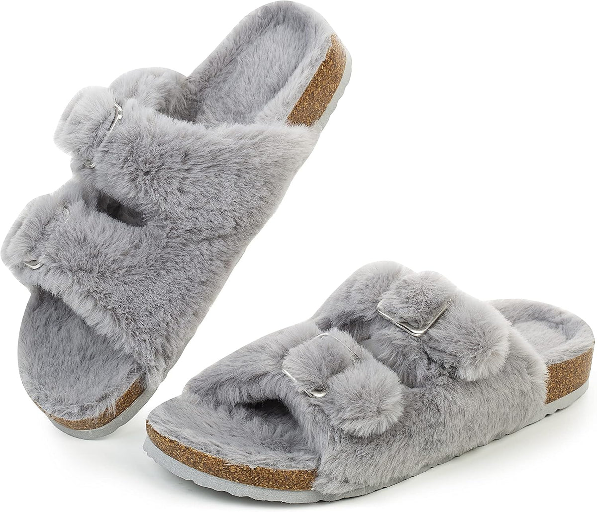 Womens Open Toe Slippers,Faux Rabbit Fur Cork Slides Sandals