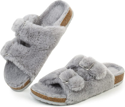 Womens Open Toe Slippers,Faux Rabbit Fur Cork Slides Sandals