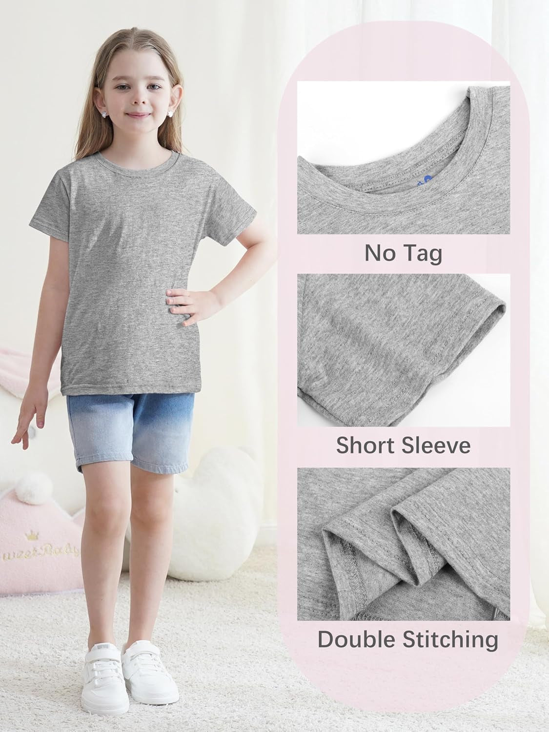 5 Pack Girls Shirts Short Sleeve T-Shirts Cotton Tshirts Tees Kids Clothes