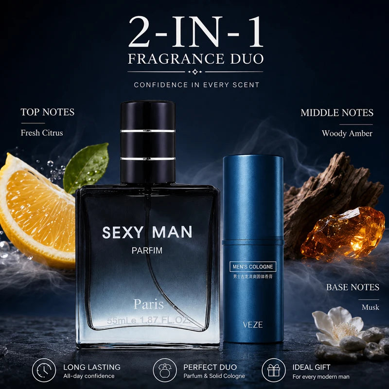 Men’s Perfume Set 2-in-1 Spray & Solid Cologne Long Lasting Fresh Woody Scent Portable Travel Date Fragrance Gift for Men