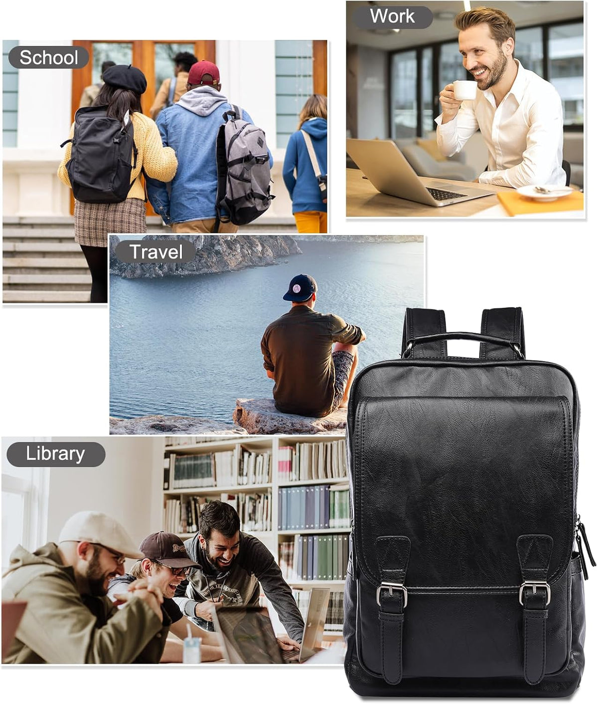 Leather Backpack Fits 15.6 Inch Laptop Vintage Backpack Waterproof Flap Bookbag for Men Leather Travel Backpack for Men Casual Knapsack Black