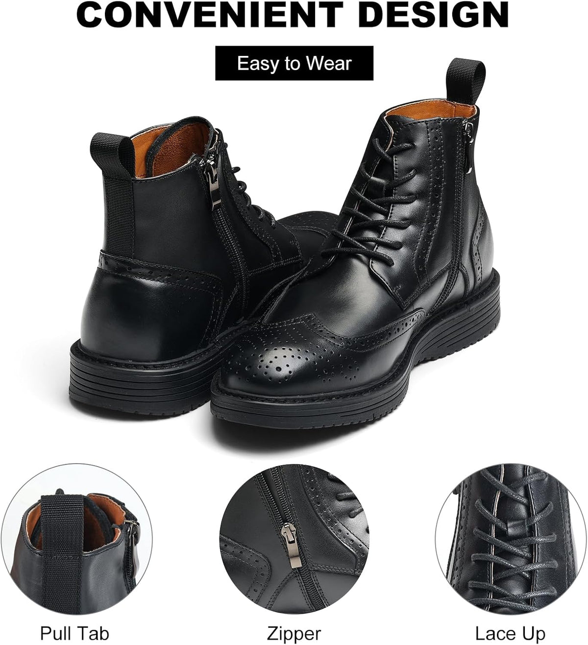 Mens Dress Boots, Genuine Leather Brogue Wingtip Mens Casual Oxford Boots with Side Zipper, Comfortable Formal Lace up Chukka Ankle Boot for Men