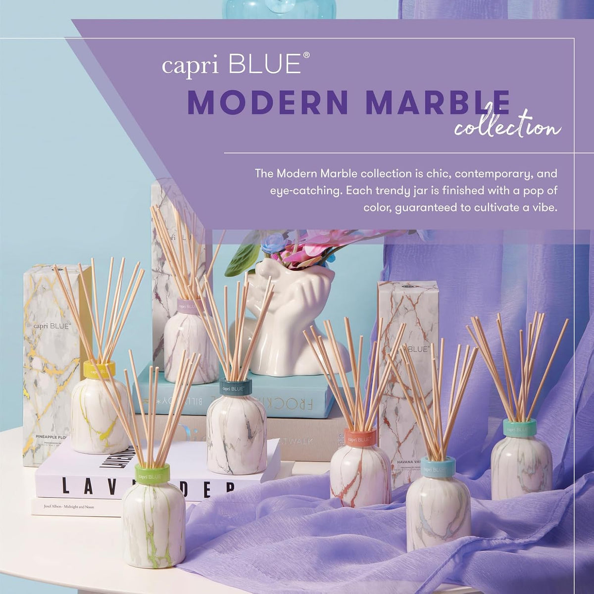 Capri Blue Modern Marble Reed Diffuser Set - Includes Reed Diffuser Sticks, Scented Oil & Glass Bottle - Luxury Scents for Bedroom Decor & Bathroom Air Freshener - Volcano (5.7 Fl Oz)