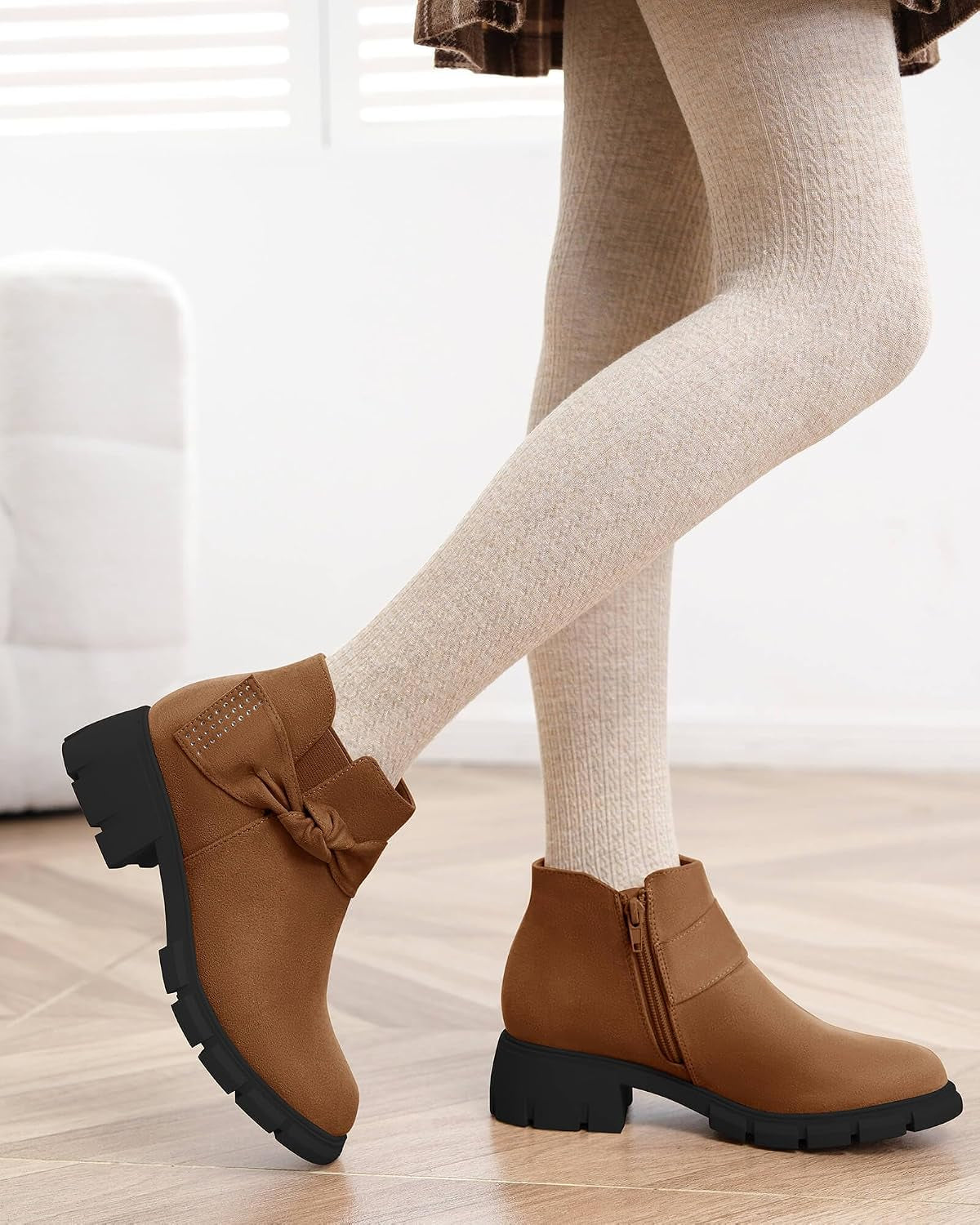 Girls Ankle Boots Low Block Heel Glitter Bowknot Zipper Chelsea Booties Little Kid Big Kids