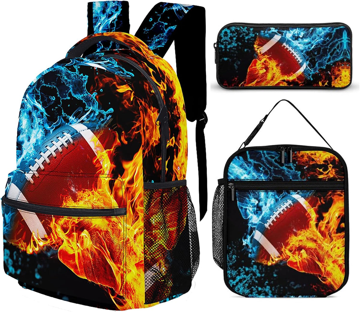 3PCS Ice&Fire Football Backpack Set,Cool Shoulders Backpack Lightweight Durable Laptop Bag with Lunch Bag, 17 Inch Large Capacity Multi-Pocket Daypack for Travel(Cool Football)
