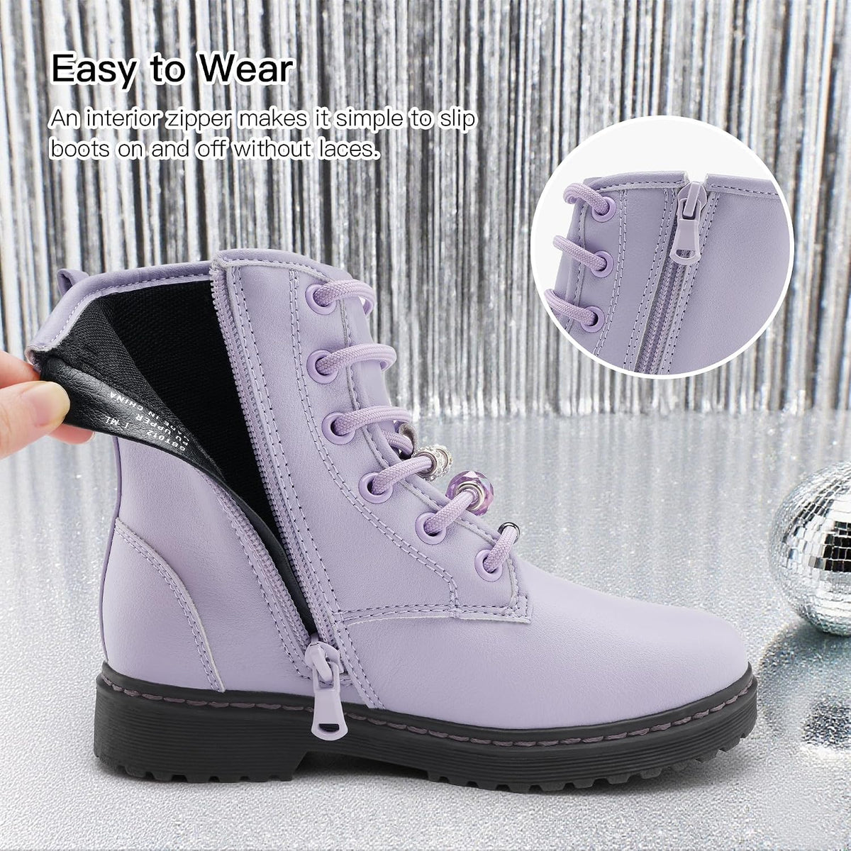Girls Combat Boots with DIY Lace up Zipper Ankle Boots