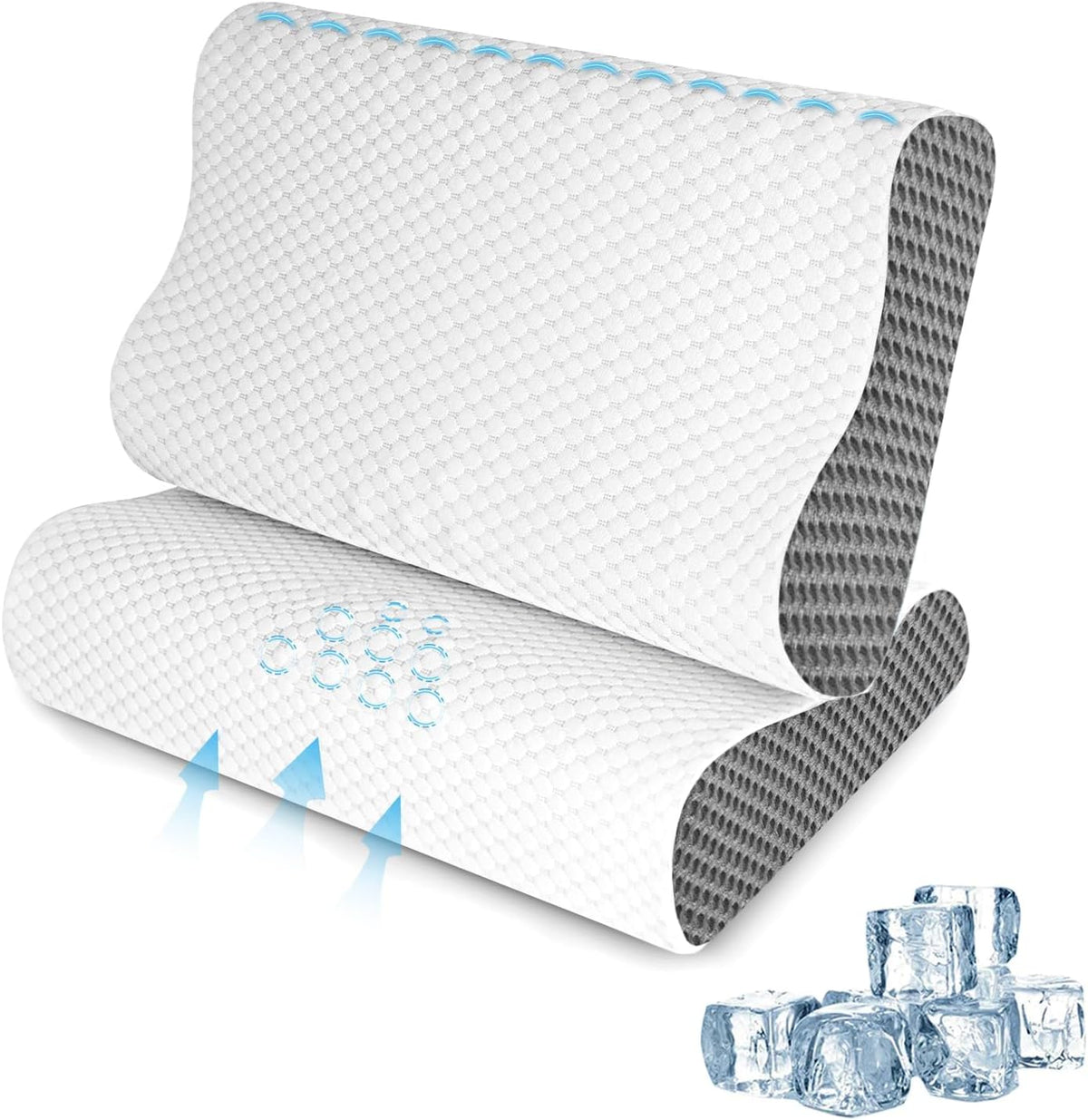 Cooling Pillows Queen Size Set of 2, Memory Foam Bed Pillows for Sleeping, Ergonomic Cervical Pillow for Neck and Shoulder Pain Relief, with Pillowcase（Grey）