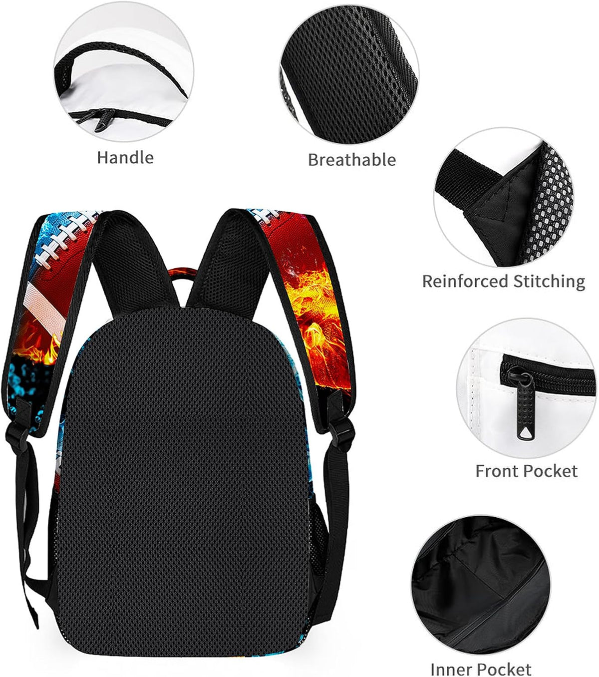 3PCS Ice&Fire Football Backpack Set,Cool Shoulders Backpack Lightweight Durable Laptop Bag with Lunch Bag, 17 Inch Large Capacity Multi-Pocket Daypack for Travel(Cool Football)