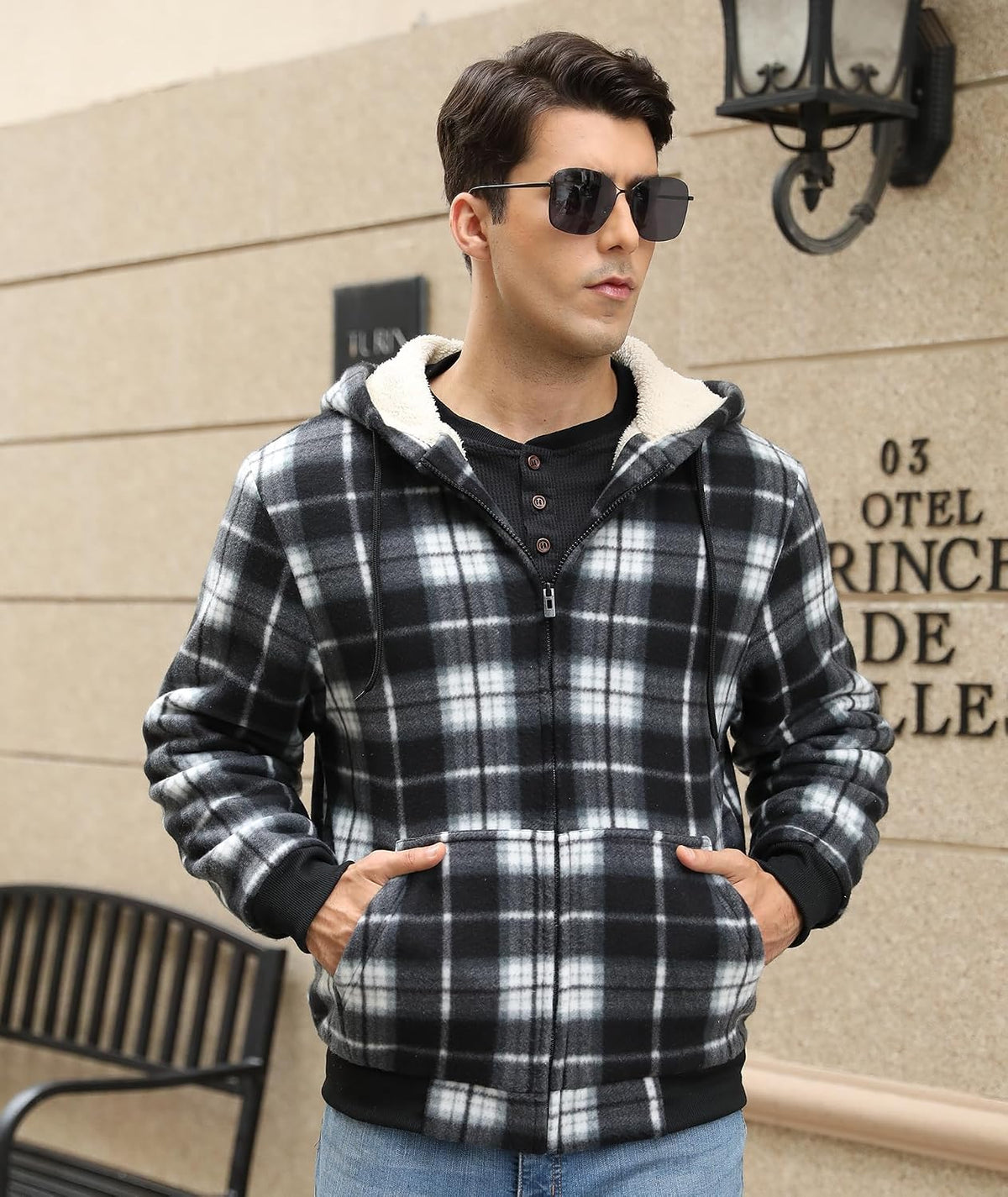 Heavy Thick Hoodies for Men Plaid Flannel Sherpa Lined Zip up Coat