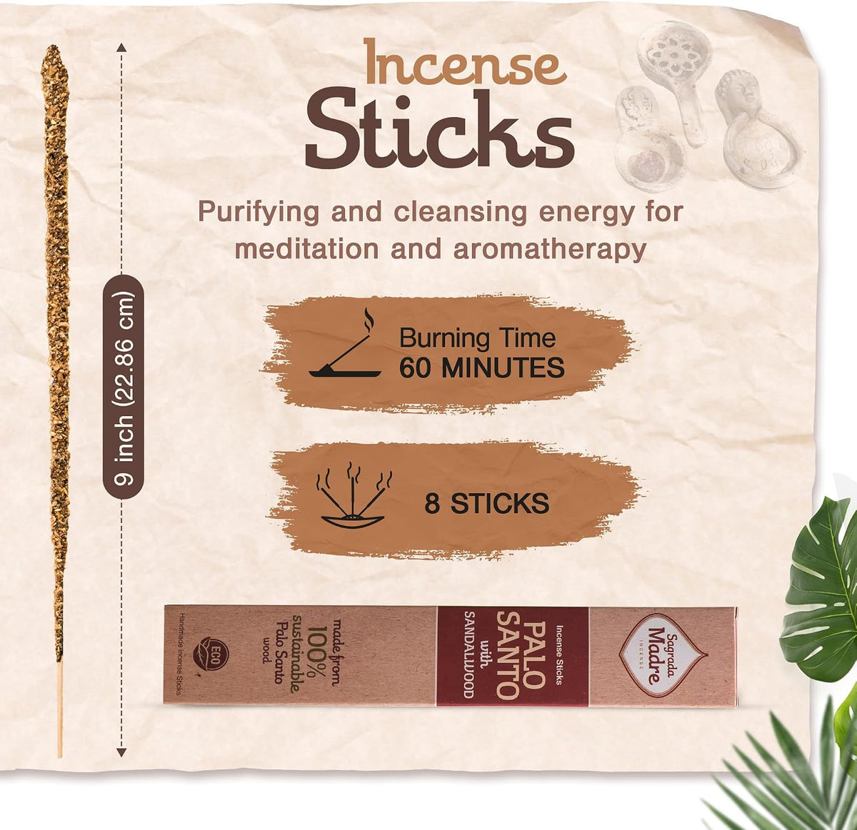 8Pcs Wildly Harvested Thick Palo Santo Incense Sticks (Sandalwood), 9” Long - Eco Friendly, Non-Toxic, Aromatic Incense Sticks (1Hr Burning Time) to Heal & Calm Your Body and Environment