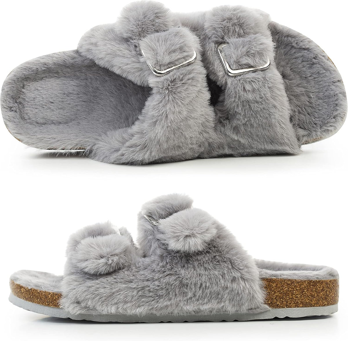 Womens Open Toe Slippers,Faux Rabbit Fur Cork Slides Sandals