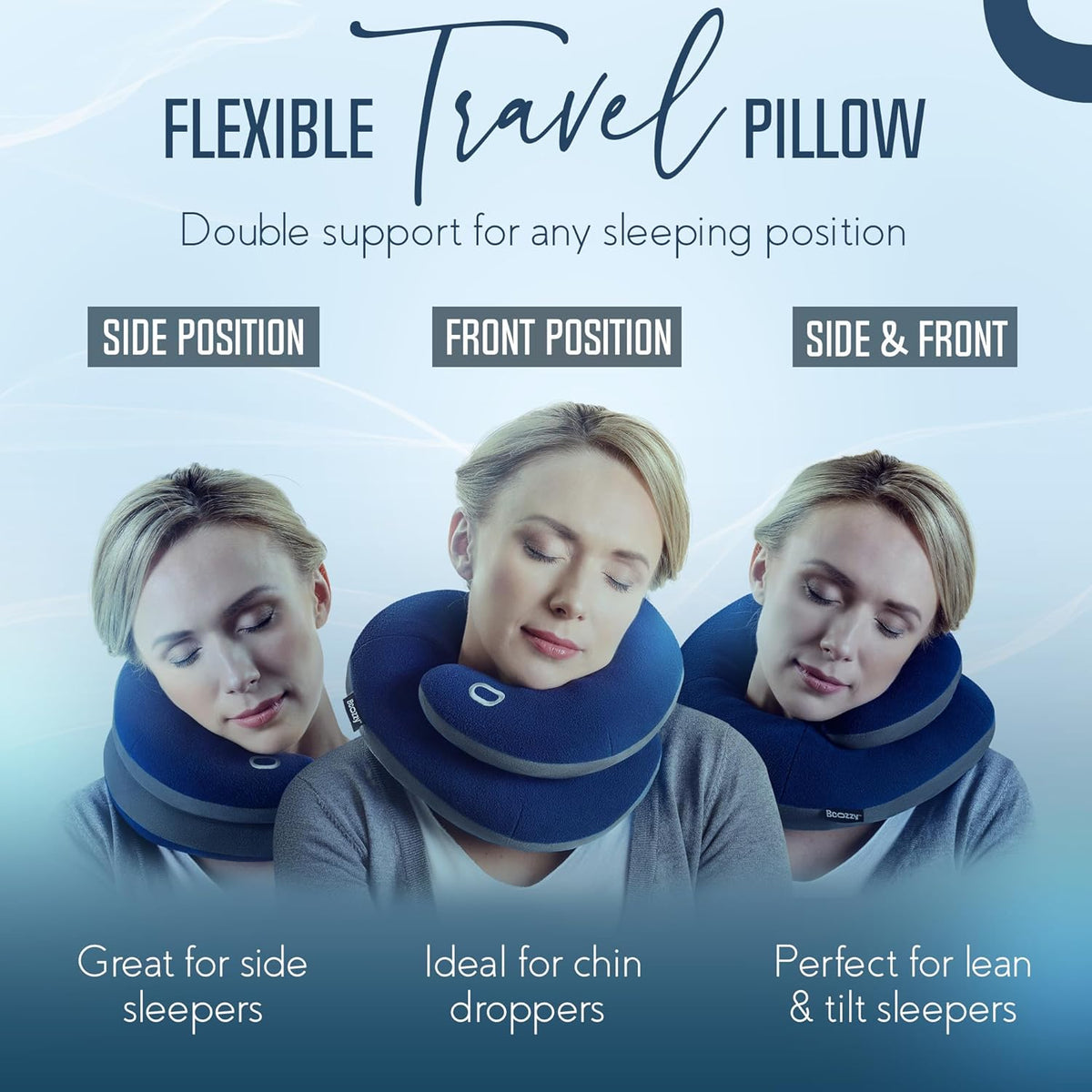 Travel Neck Pillow for Airplane - Patented Head, Neck & Chin Support. Soft, Adjustable Pillow for Comfortable Resting on Long Flights, Car Rides & Recliners. Washable, Carry Bag, Large, Navy