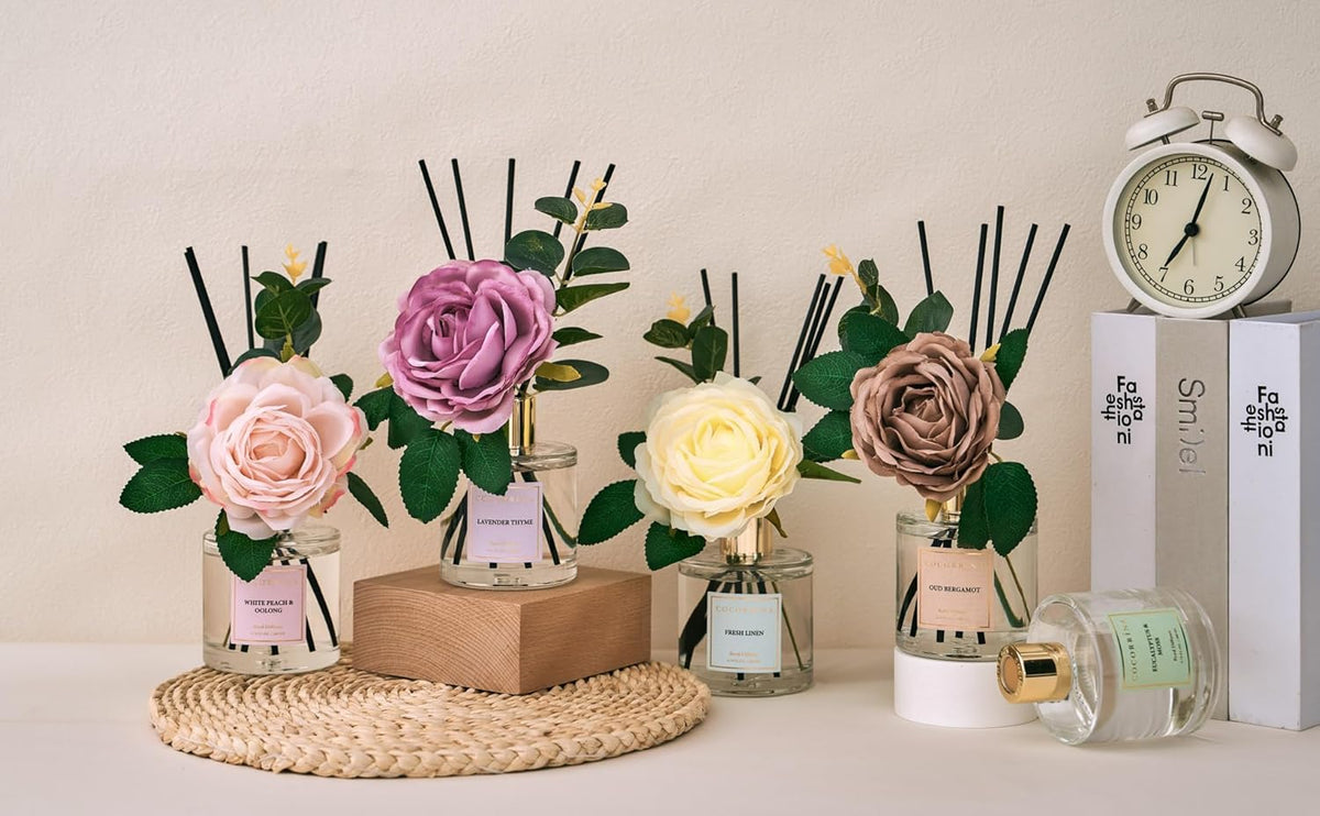 Cocorina Reed Diffuser Set, Flower Reed Diffuser Cashmere Vanilla, Scented Diffuser with Sticks Home Fragrance Essential Oil for Bathroom Shelf Decor, Living Room, Large Room, Rose/6.7 Ounce/1Pack