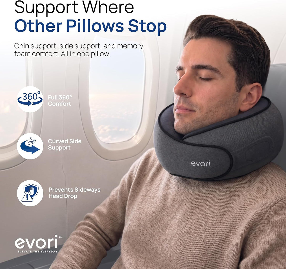 Memory Foam Travel Neck Pillow, 360° Support for Airplane & Car