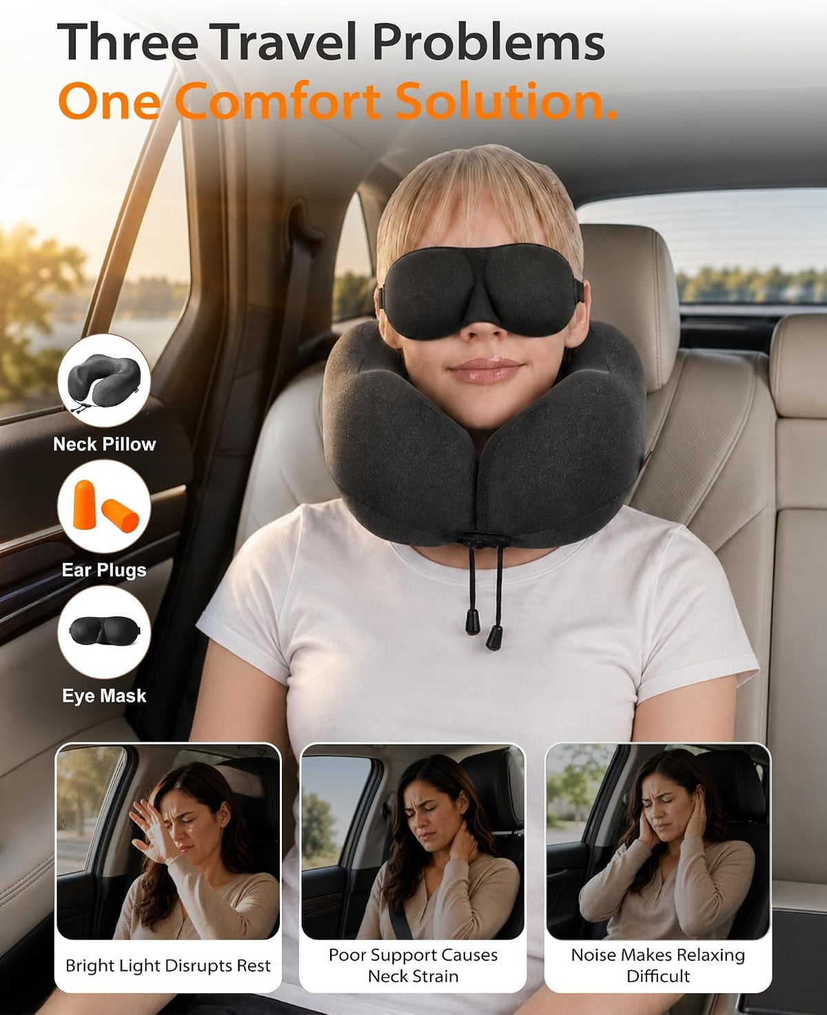 Airplane Travel Neck Pillow for Sleeping, 3D-Eye Mask & Earplugs Kit