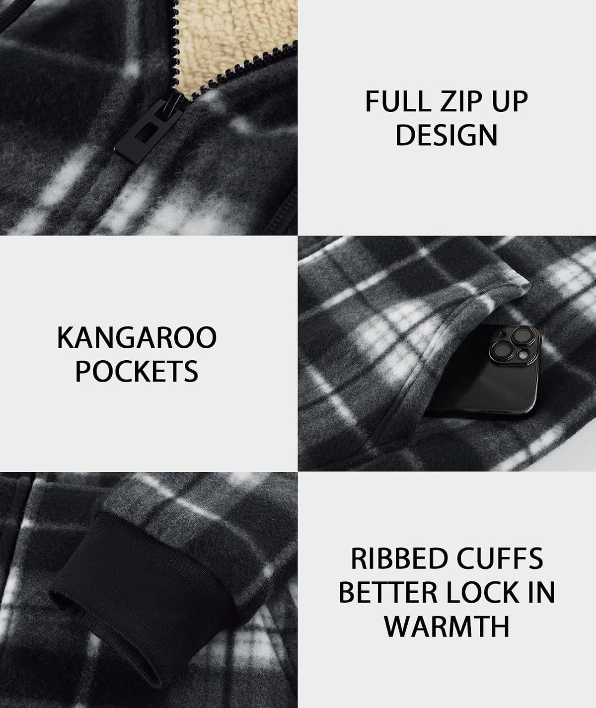 Heavy Thick Hoodies for Men Plaid Flannel Sherpa Lined Zip up Coat