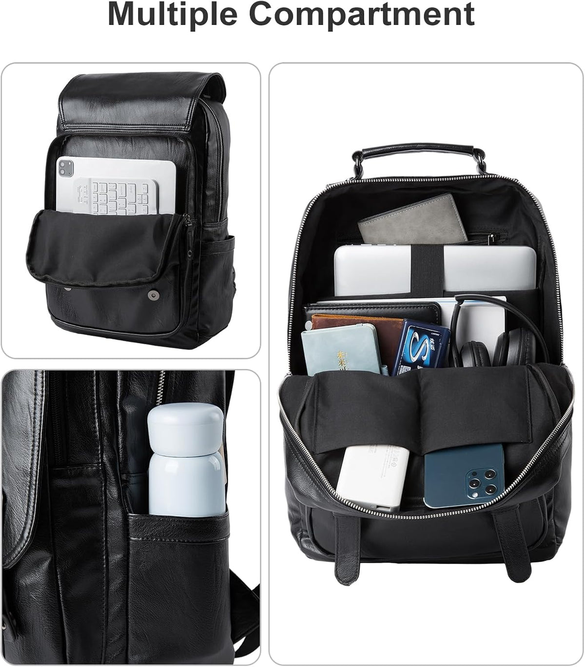 Leather Backpack Fits 15.6 Inch Laptop Vintage Backpack Waterproof Flap Bookbag for Men Leather Travel Backpack for Men Casual Knapsack Black