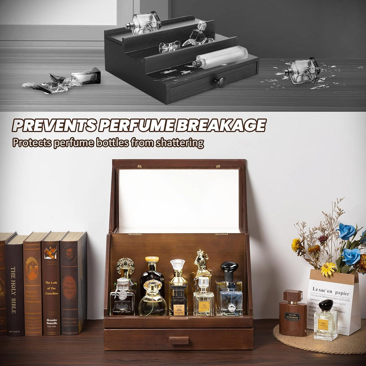 Cologne Organizer for Men, Wood Cologne Stand with Drawer, Large Capacity Cologne Shelf with Cologne Holder Display Large Storage Size15.6 * 11.8 * 6.1In