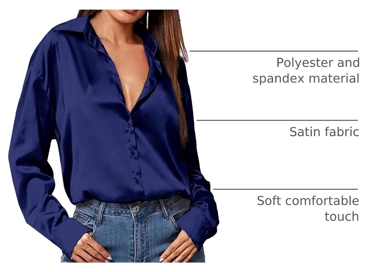 Women Satin Silk Button down Shirt Ladies Long Sleeve Tops V Neck Loose Blouse Dressy Business Casual Work Tunic Fall