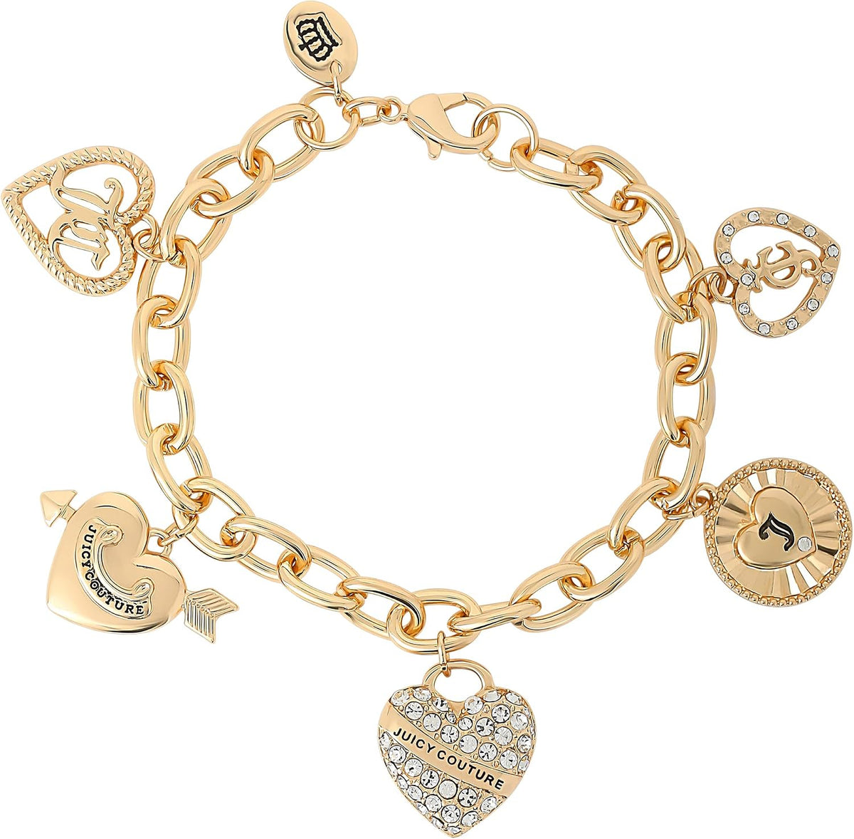Juicy Couture Charm Bracelet for Women, 5 Heart Charms, 7.5"-8", Gold-Tone