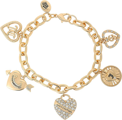 Juicy Couture Charm Bracelet for Women, 5 Heart Charms, 7.5"-8", Gold-Tone