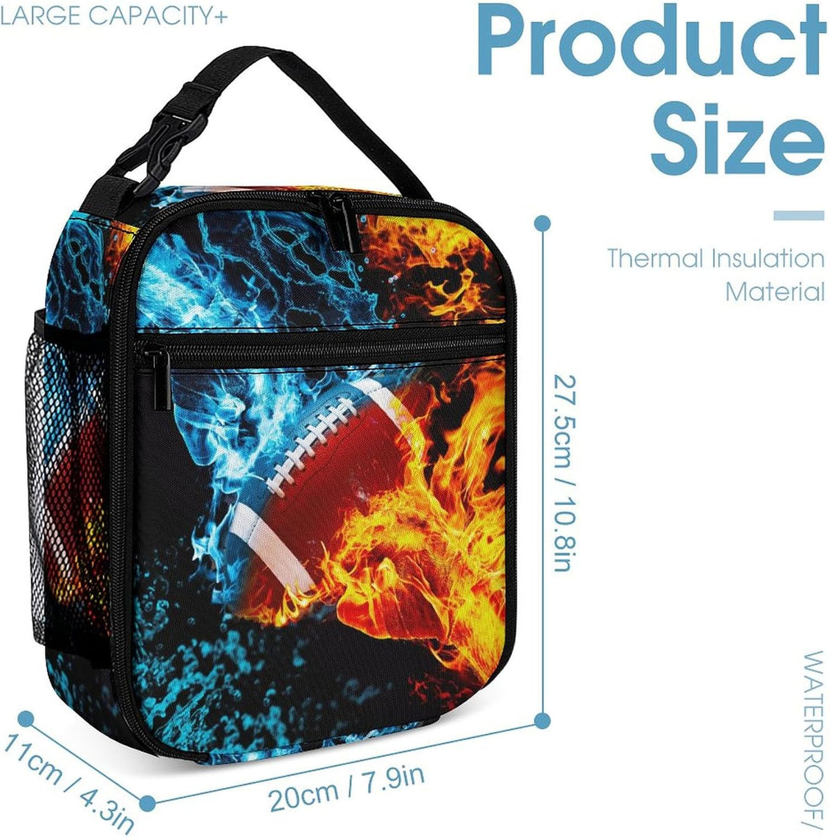 3PCS Ice&Fire Football Backpack Set,Cool Shoulders Backpack Lightweight Durable Laptop Bag with Lunch Bag, 17 Inch Large Capacity Multi-Pocket Daypack for Travel(Cool Football)