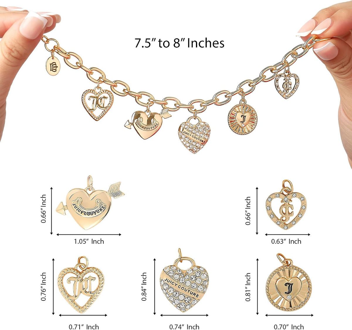Juicy Couture Charm Bracelet for Women, 5 Heart Charms, 7.5"-8", Gold-Tone