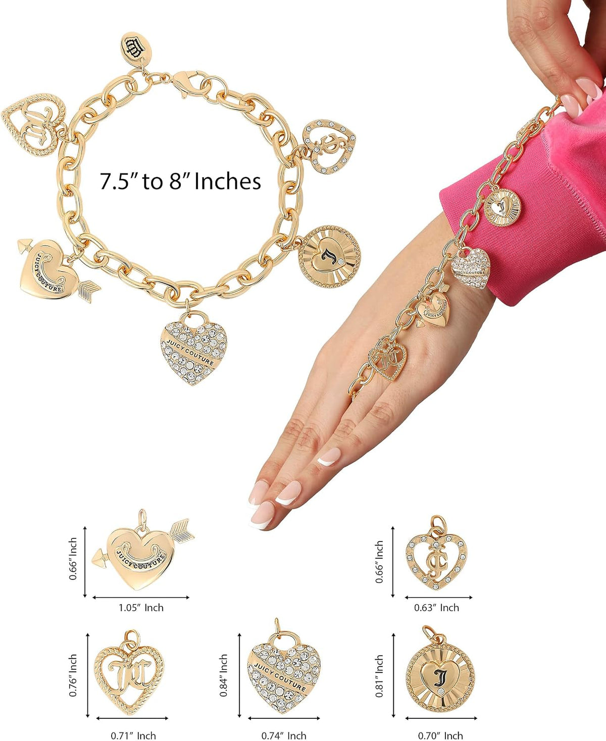 Juicy Couture Charm Bracelet for Women, 5 Heart Charms, 7.5"-8", Gold-Tone