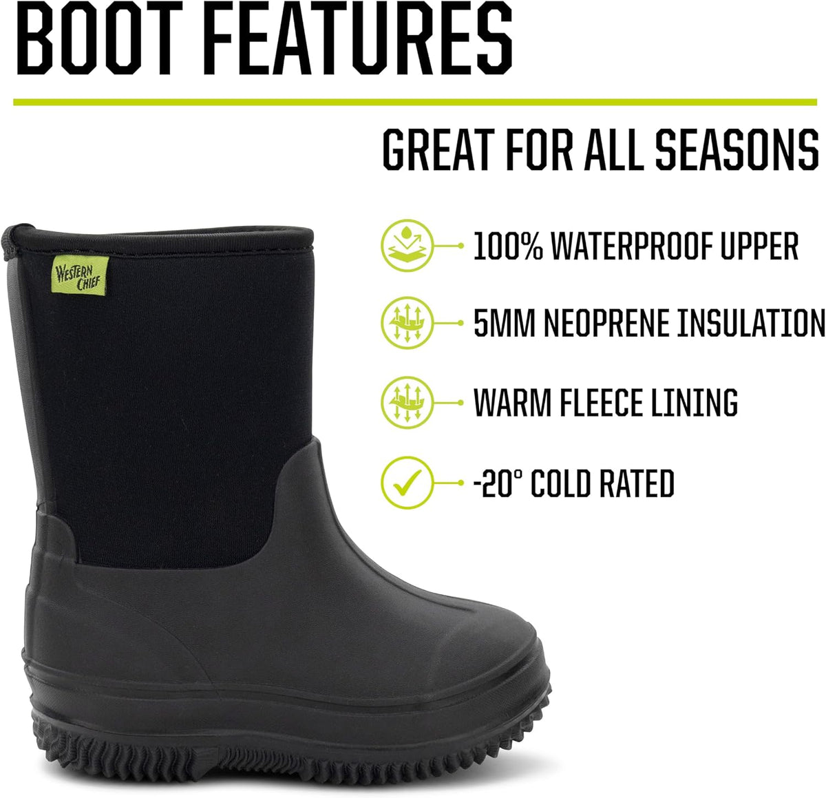 Kids Freestyle Neoprene Outdoor Boot, Lightweight, Kid Friendly for Boys and Girls Waterproof Boot for Rain, Mud, Cold Weather, Snow