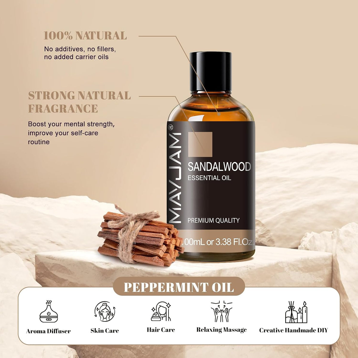 Sandalwood Essential Oil for Diffuser Soap Candle Making, 3.38FL.OZ