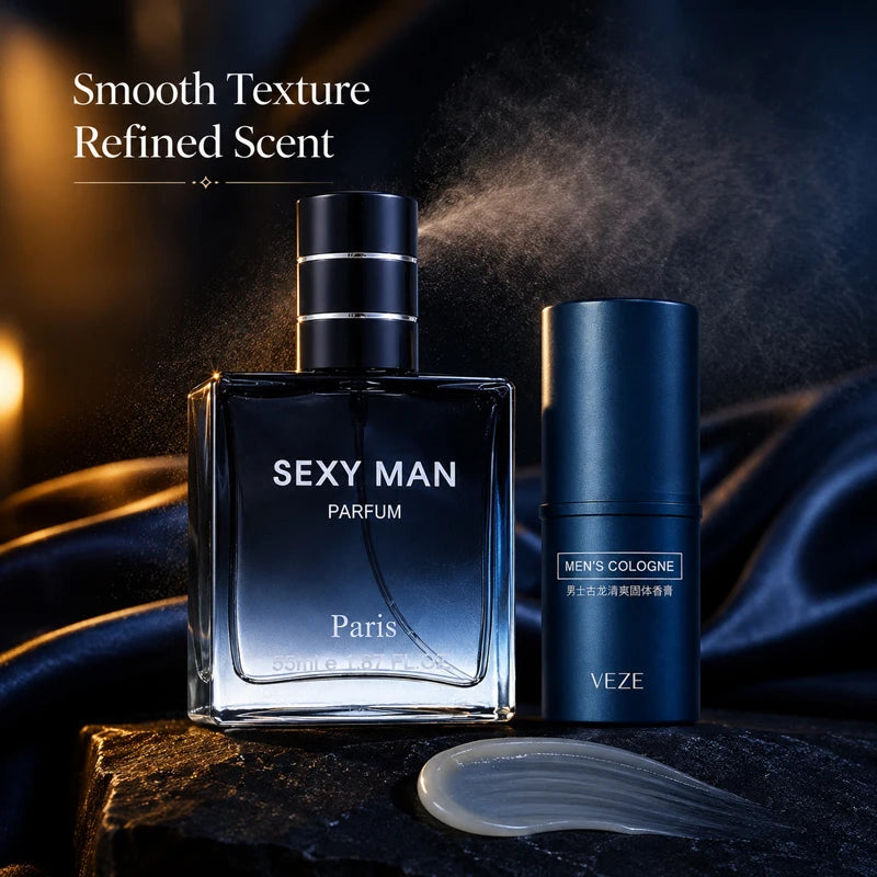 Men’s Perfume Set 2-in-1 Spray & Solid Cologne Long Lasting Fresh Woody Scent Portable Travel Date Fragrance Gift for Men