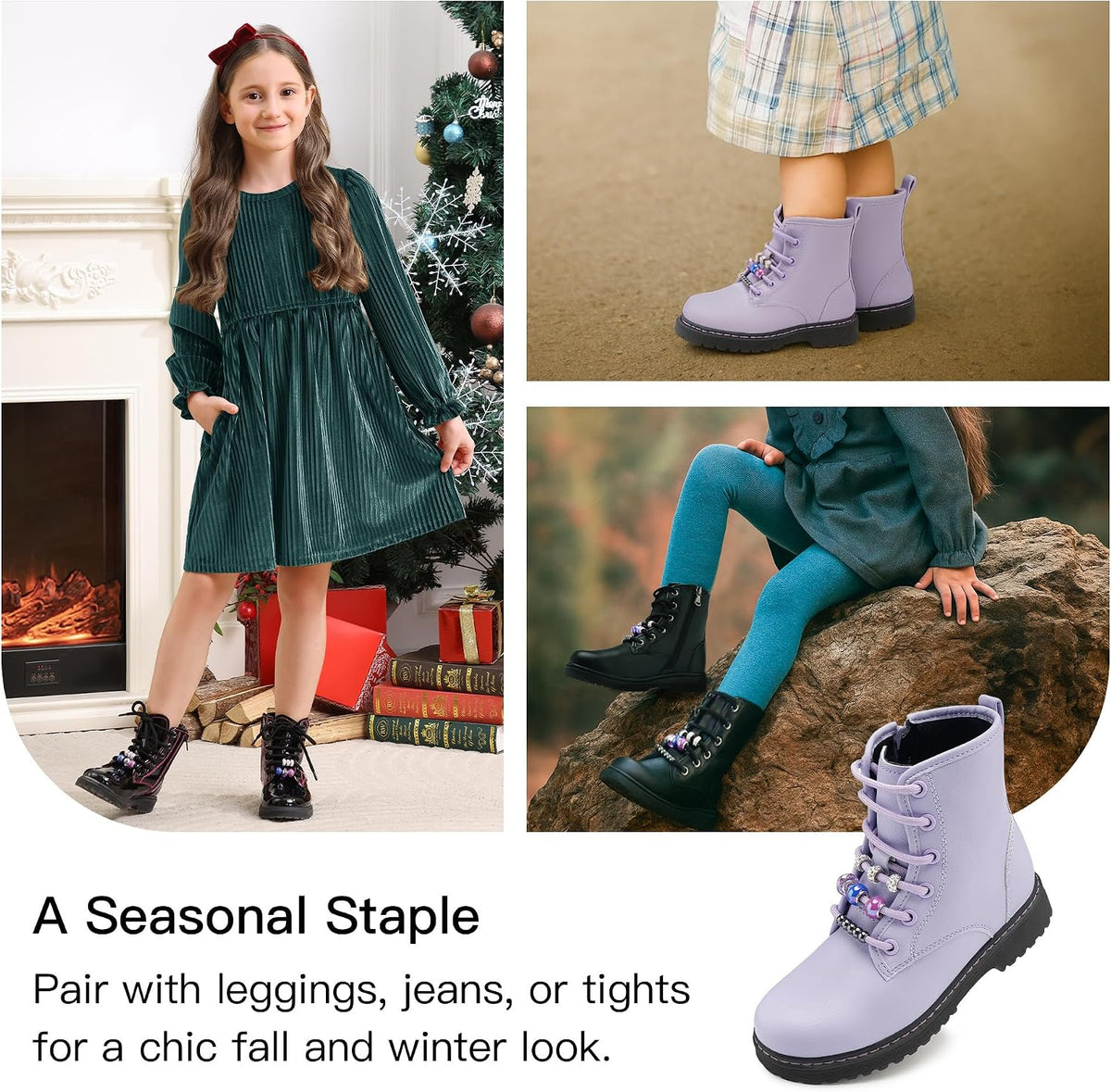 Girls Combat Boots with DIY Lace up Zipper Ankle Boots