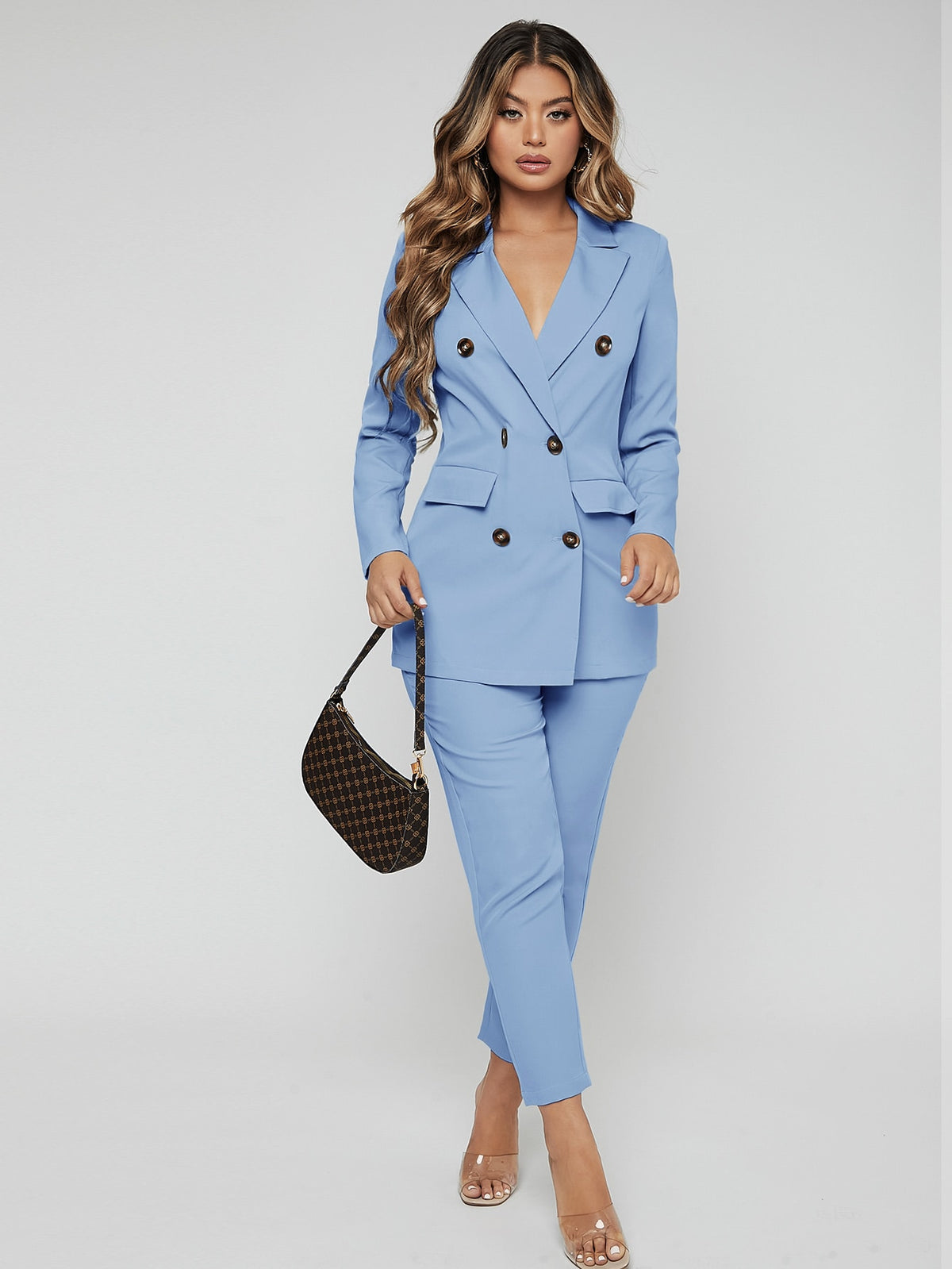 Lapel Neck Double Breasted Blazer Pants Suit