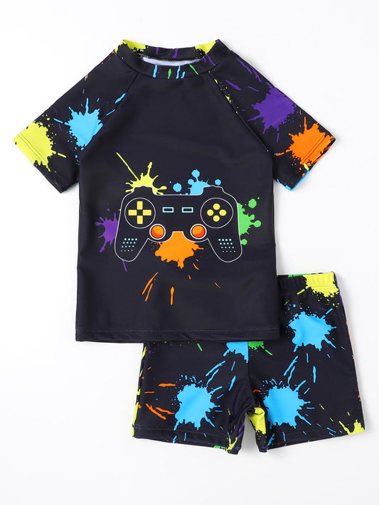Toddler Boys Gamepad And Random Splash Ink Print Swimsuit