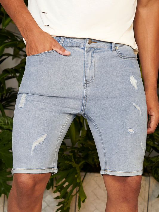 Men Slant Pocket Ripped Denim Shorts