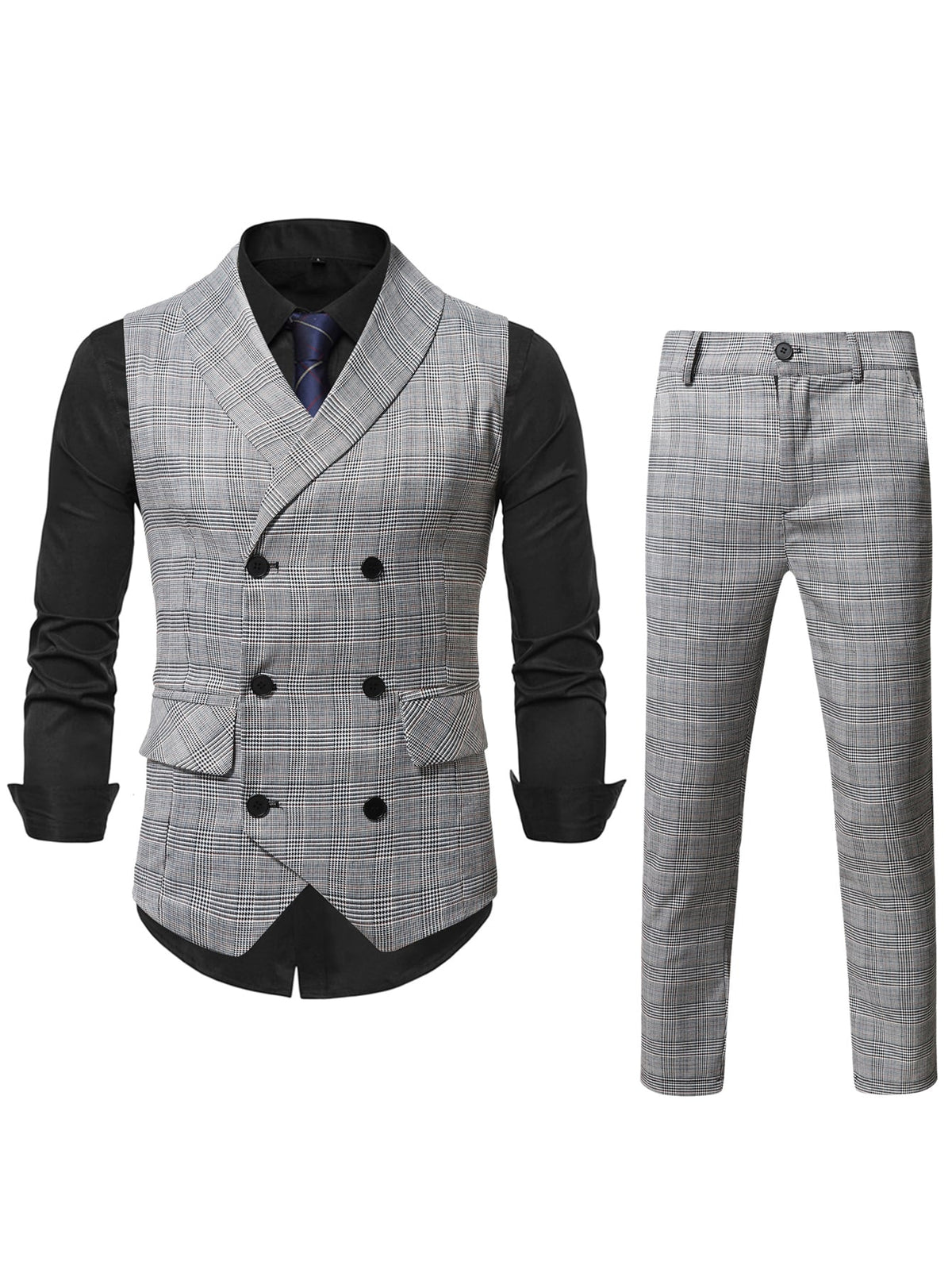 Men 1pc Glen Plaid Shawl Collar Waistcoat 1pc Tailored Pants