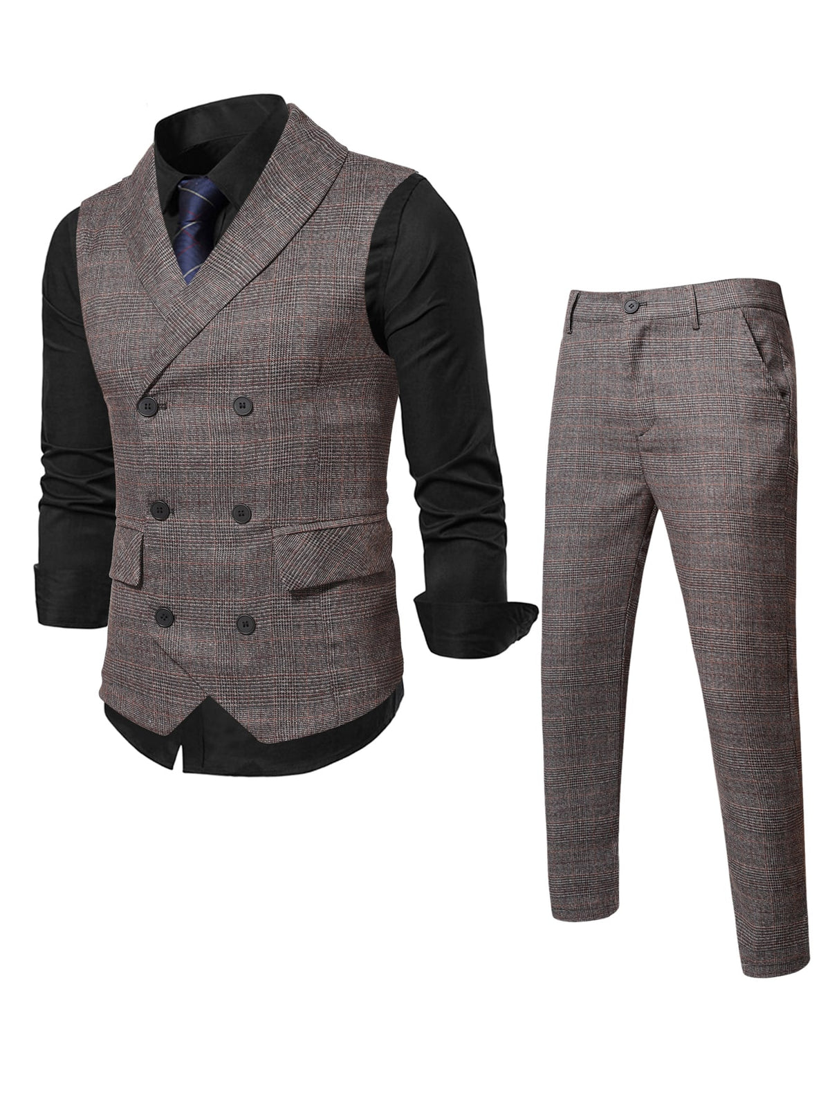 Men 1pc Glen Plaid Shawl Collar Waistcoat 1pc Tailored Pants
