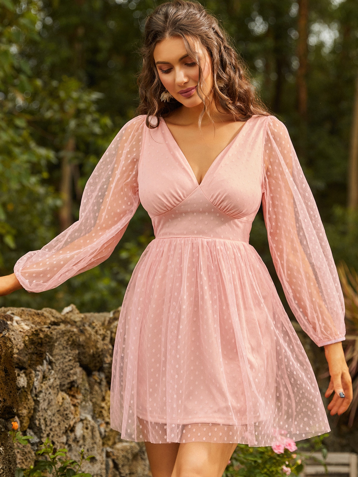 SBetro Plunging Neck Lantern Sleeve Dobby Mesh Dress