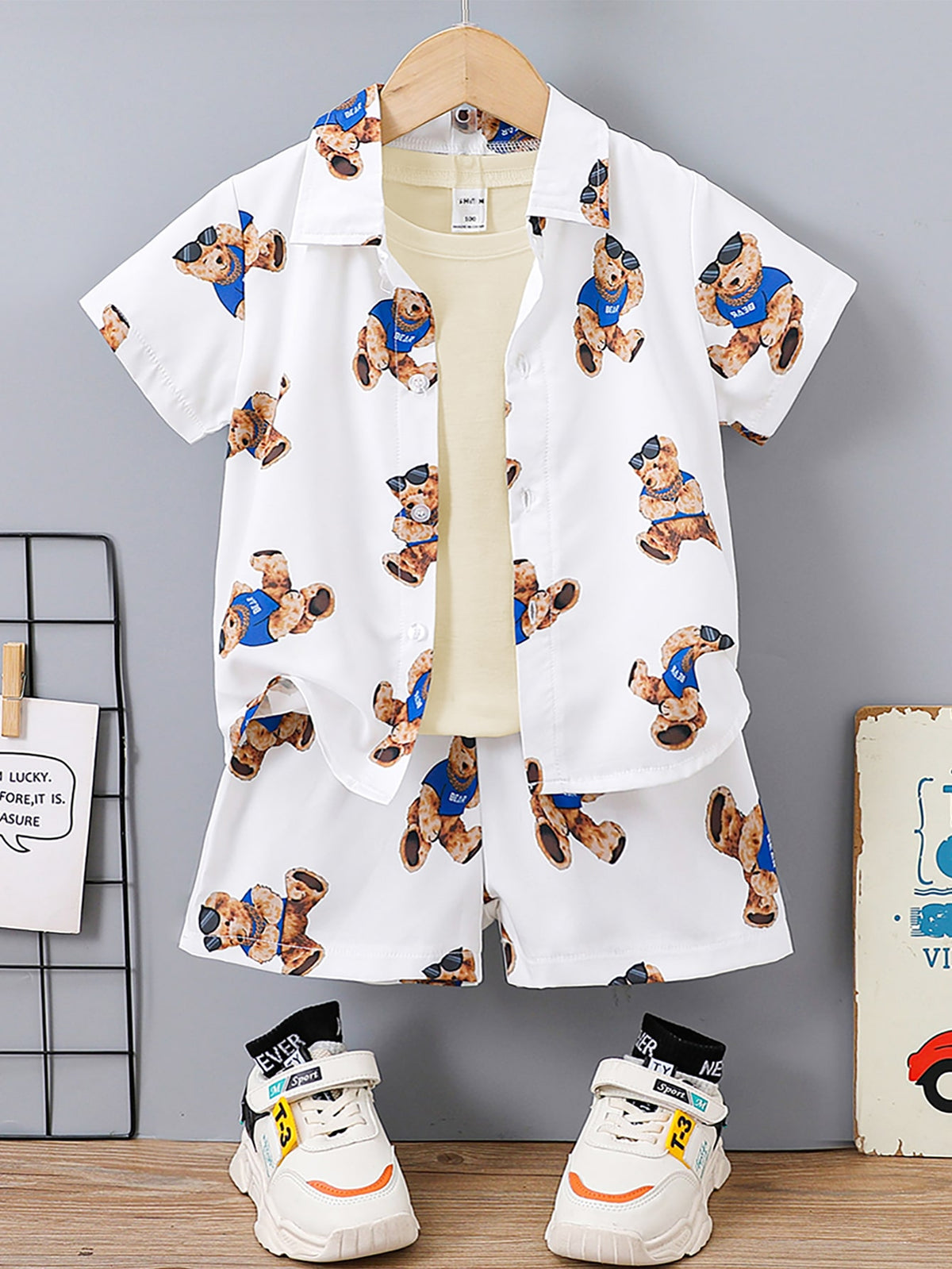 Toddler Boys Bear Print Shirt Shorts Without Tee