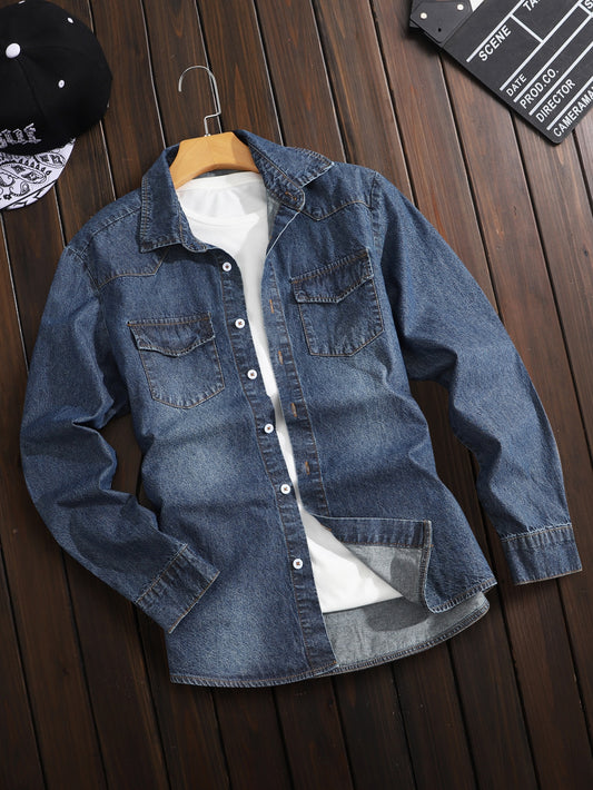 Men Bleach Wash Flap Pockets Denim Shirt Without Tee