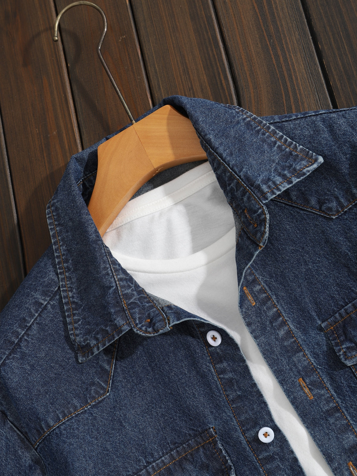Men Bleach Wash Flap Pockets Denim Shirt Without Tee
