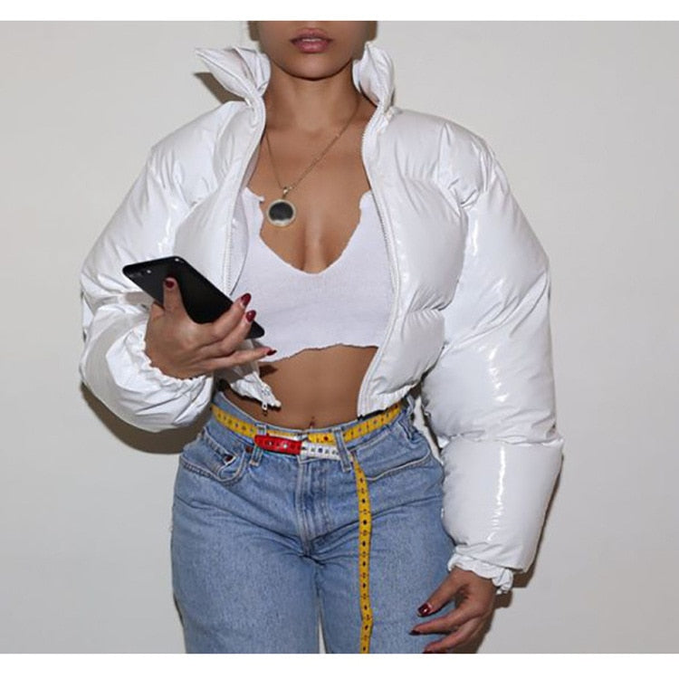 ZHYMIHRET Y2K Neon Color Women's Down Jacket 2021 Long Sleeve Parka Stand Collar Winter Warm Coat Mirror Smooth Zipper Overcoat