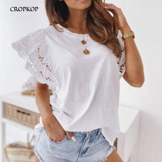 Summer Women Hollow Out Stitching T-Shirt Casual O-Neck Ruffle Short Sleeve Top Elegant White Black 2022 Women's Clothing
