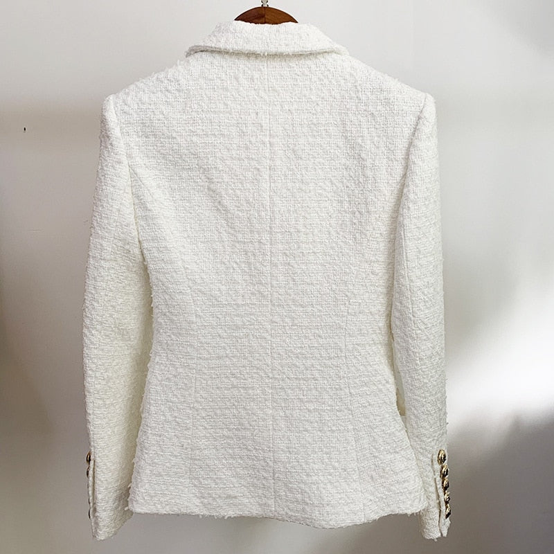 White Tweed Woolen Women Jackets Coat Blazer Autumn Winter 2020 New Double Breasted Pointed Collar with Button Blazers Jacket